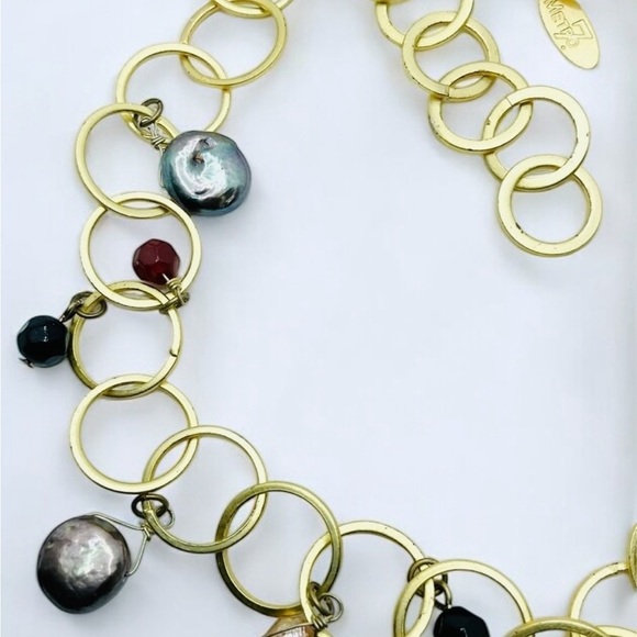 Tahitian Freshwater Pearl Amethyst Gold Tone Chain Charm Statement Necklace - Picture 3 of 4